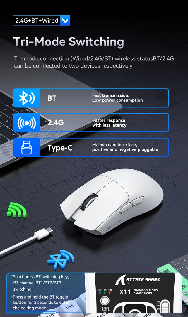 Mouse Attack Shark X11 Bluetooth Wireless Three Mode 2.4G PAW3311