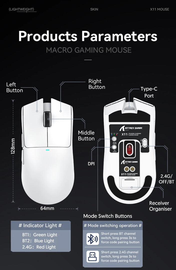 Mouse Attack Shark X11 Bluetooth Wireless Three Mode 2.4G PAW3311