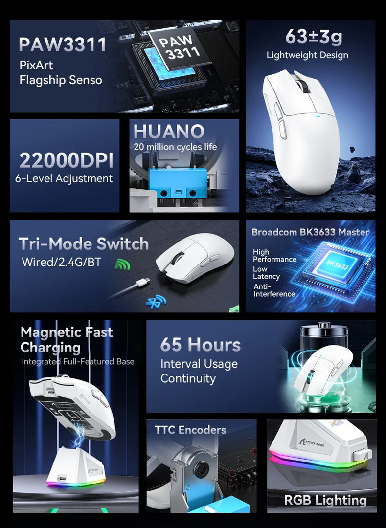 Mouse Attack Shark X11 Bluetooth Wireless Three Mode 2.4G PAW3311