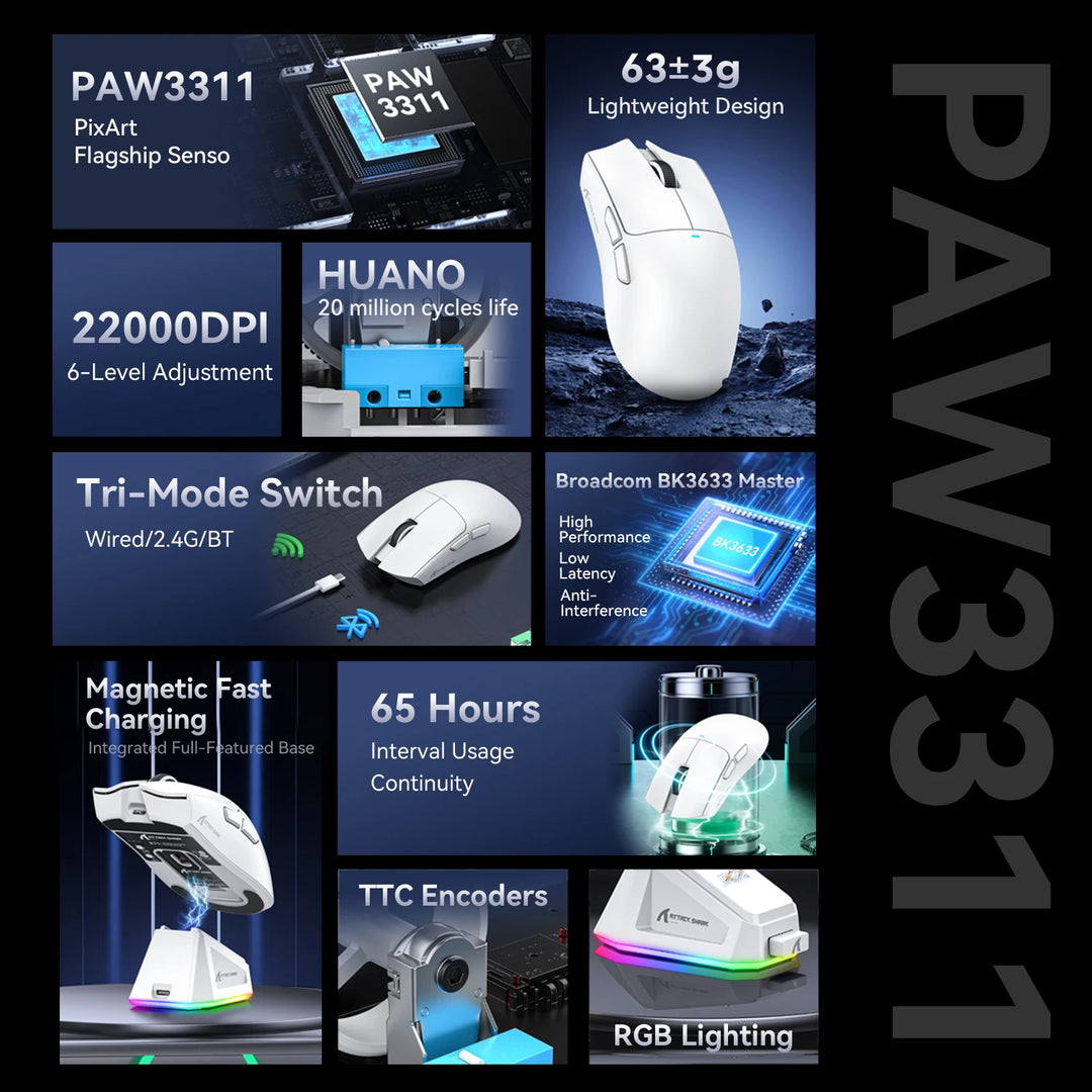 Mouse Attack Shark X11 Bluetooth Wireless Three Mode 2.4G PAW3311